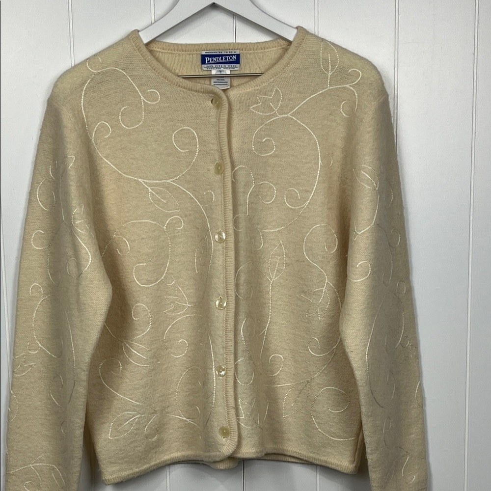 Pendleton Vintage Womens Cardigan L Ivory Button Down Floral Embroidery Wool EUC